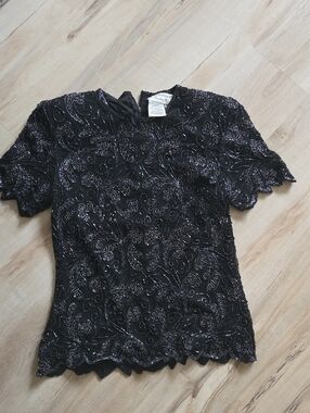 Papell Boutique Black Beaded Scallop Sleeve Evening Top